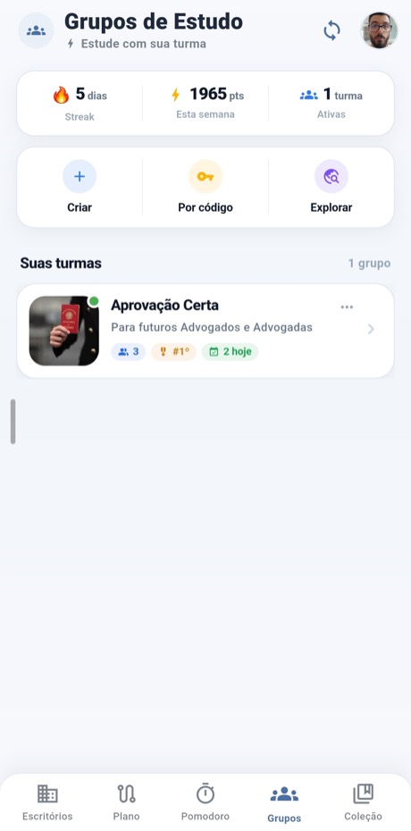 Grupos de estudo com streak e pontos da semana