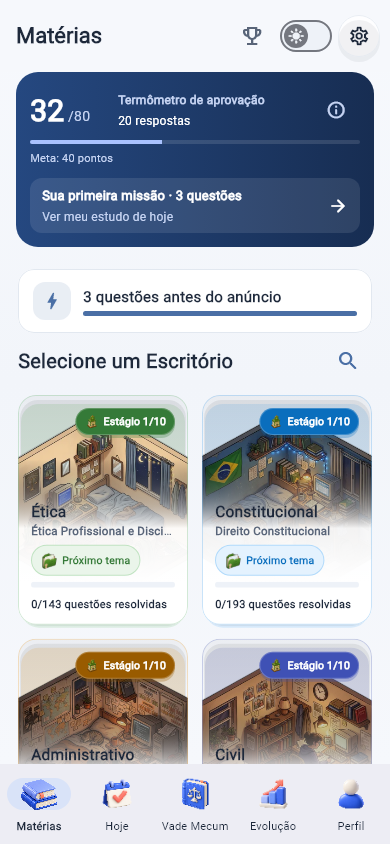 Matérias e escritórios com resumo de progresso