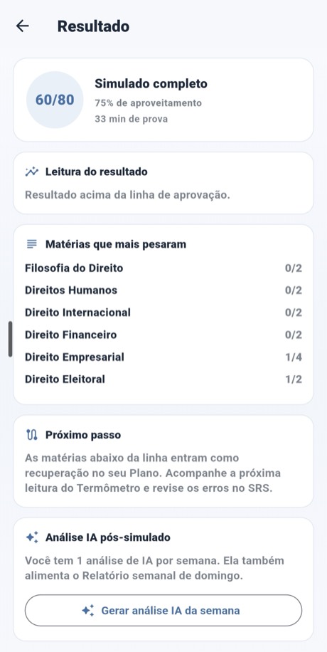 Resultado do simulado com leitura e análise de IA